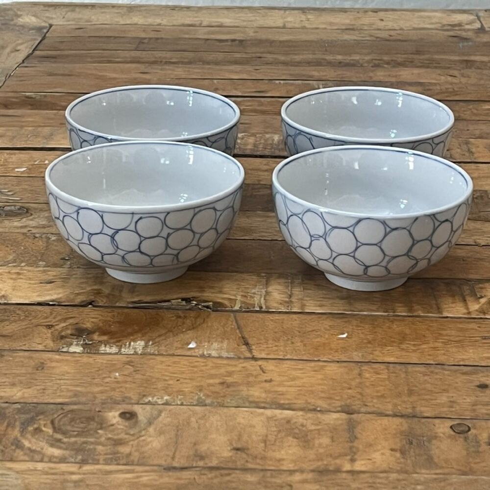 IKEA Blue Bubbles Ceramic Bowl Set of 4 4.4" Discontinued Pattern Blue Circles